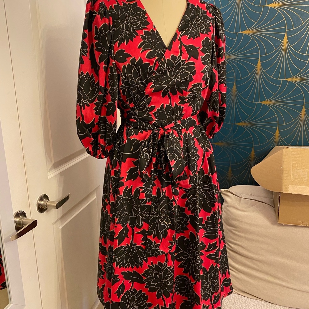 Floral Wrap Dress - Red and Black